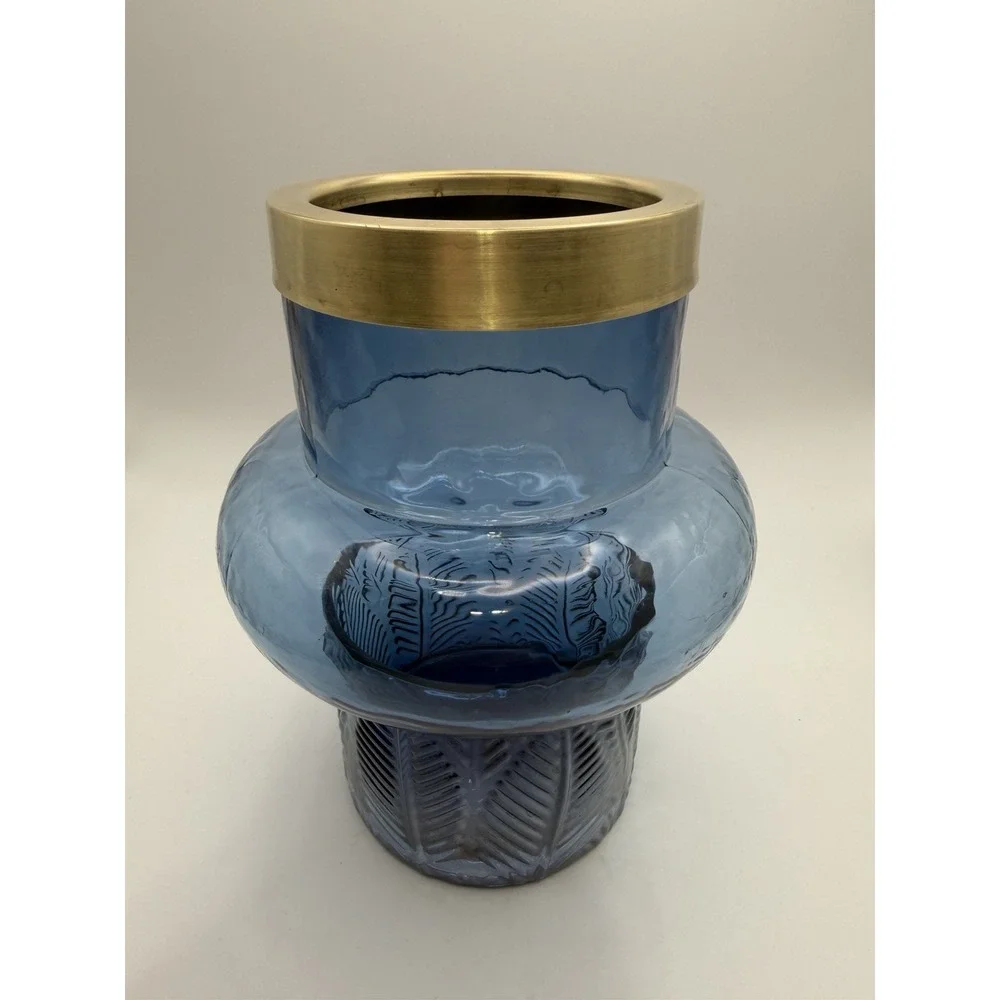 Contemporary MCM Blue Glass Vase Brass Rim Bubble Shape Fern Leaf Textured 8